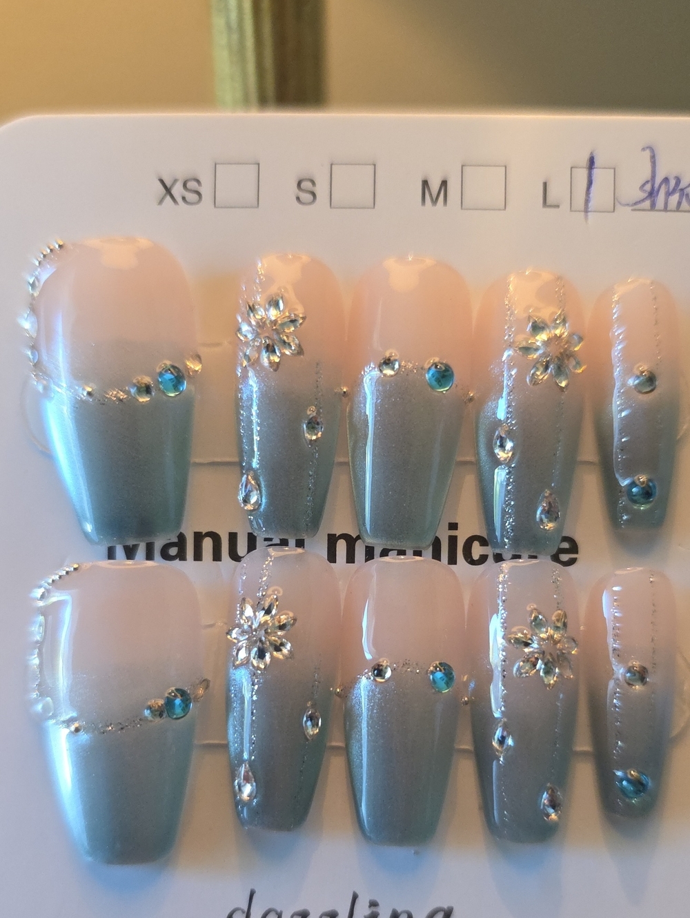 Handcrafted Blue & Nude Rhinestone Flower Press-On Nails Size Large